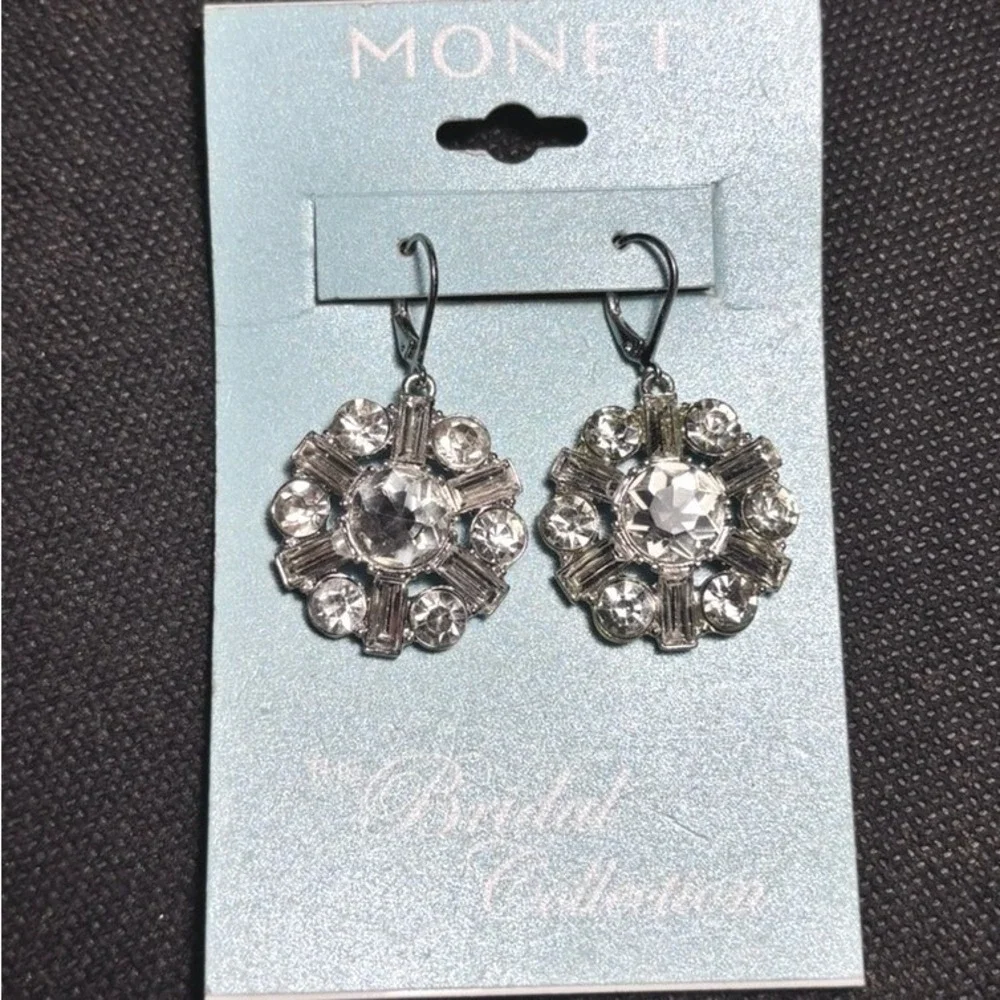 Monet Bridal Collection Vintage Silver Tone Clear Rhinestone Sunburst Earrings